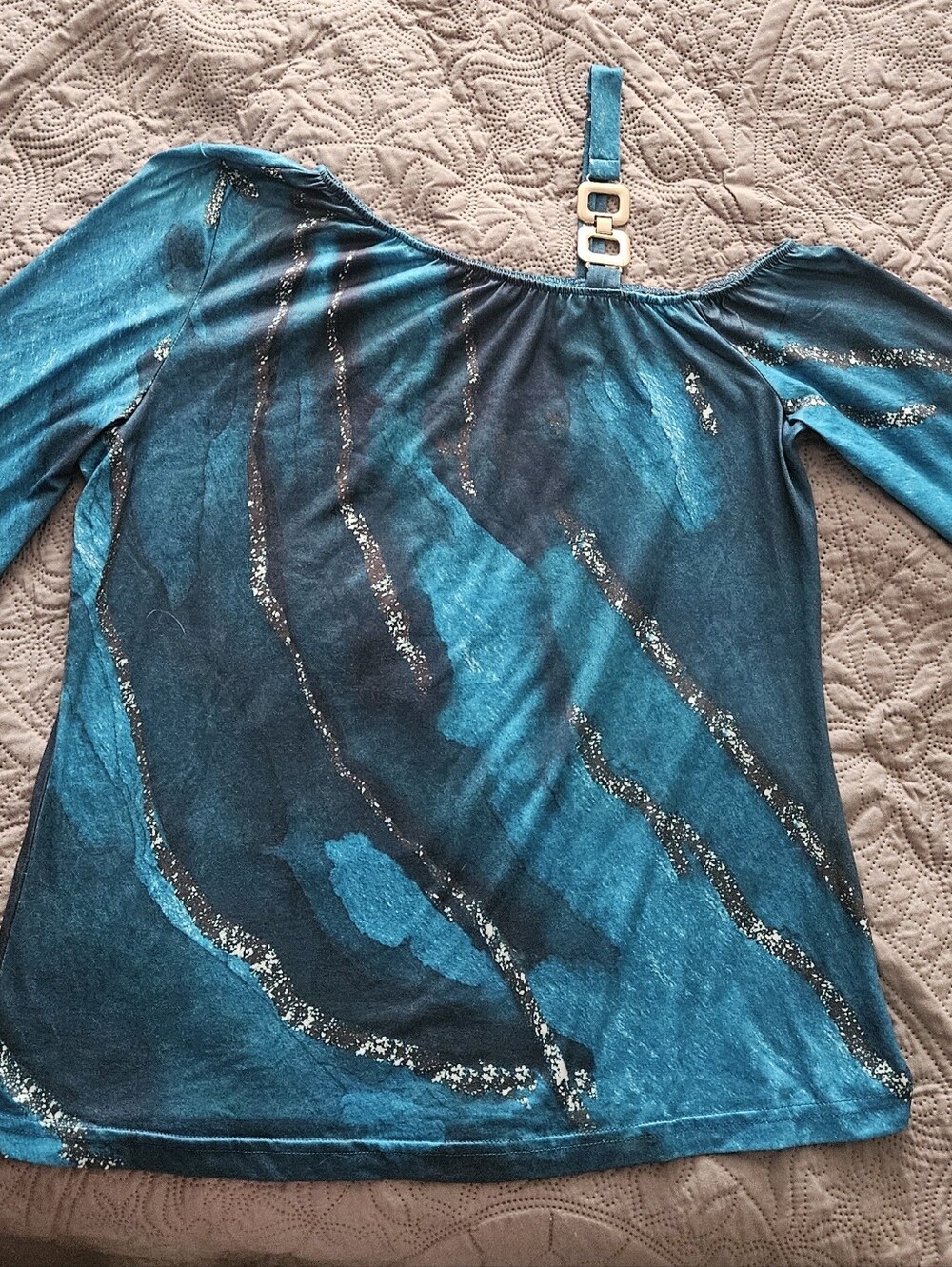Asymmetric Cold Shoulder Teal Blue Marble Print Long Sleeve Blouse - Size S/M